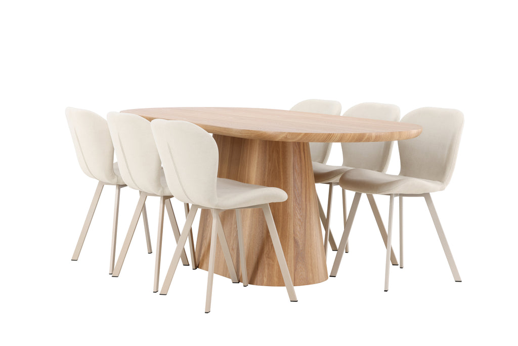 Stjärnö oval matgrupp med naturfärgat bord och 6 beige Lilja-stolar