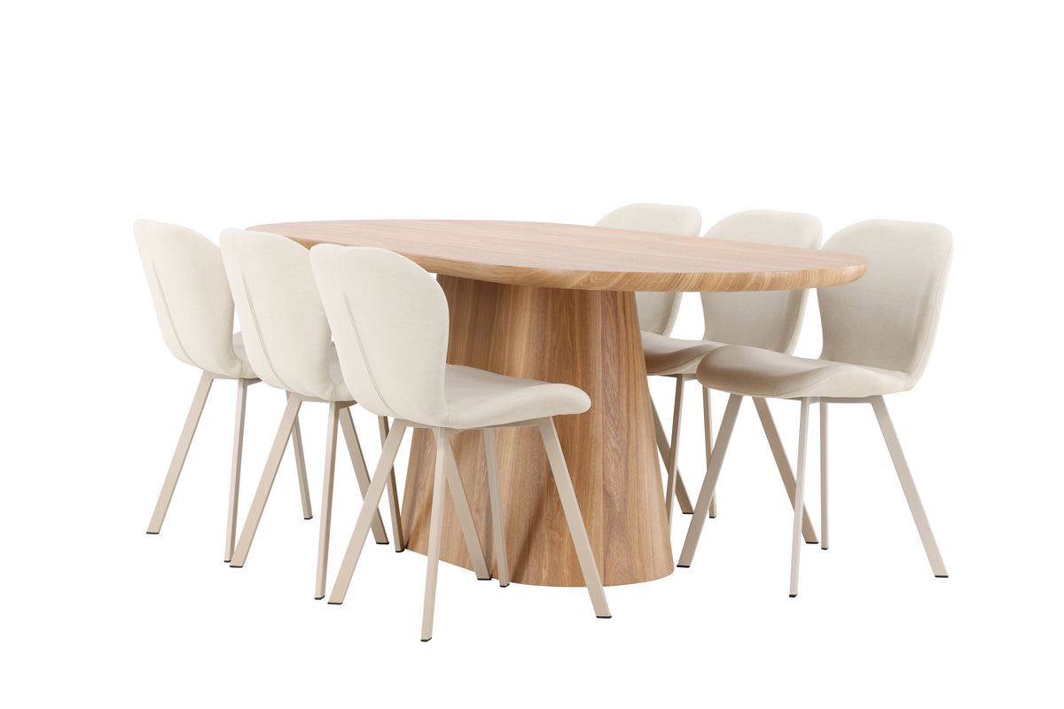 Stjärnö oval matgrupp med naturfärgat bord och 6 beige Lilja-stolar