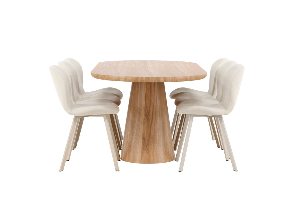 Stjärnö oval matgrupp med naturfärgat bord och 6 beige Lilja-stolar
