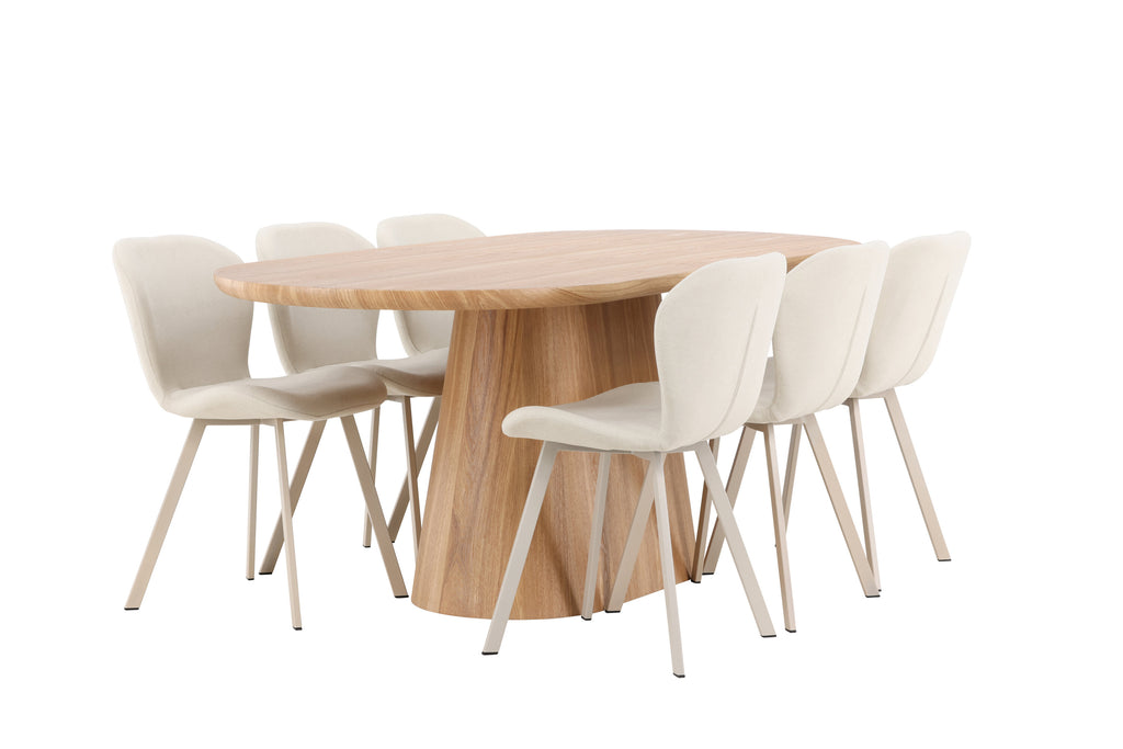 Stjärnö oval matgrupp med naturfärgat bord och 6 beige Lilja-stolar
