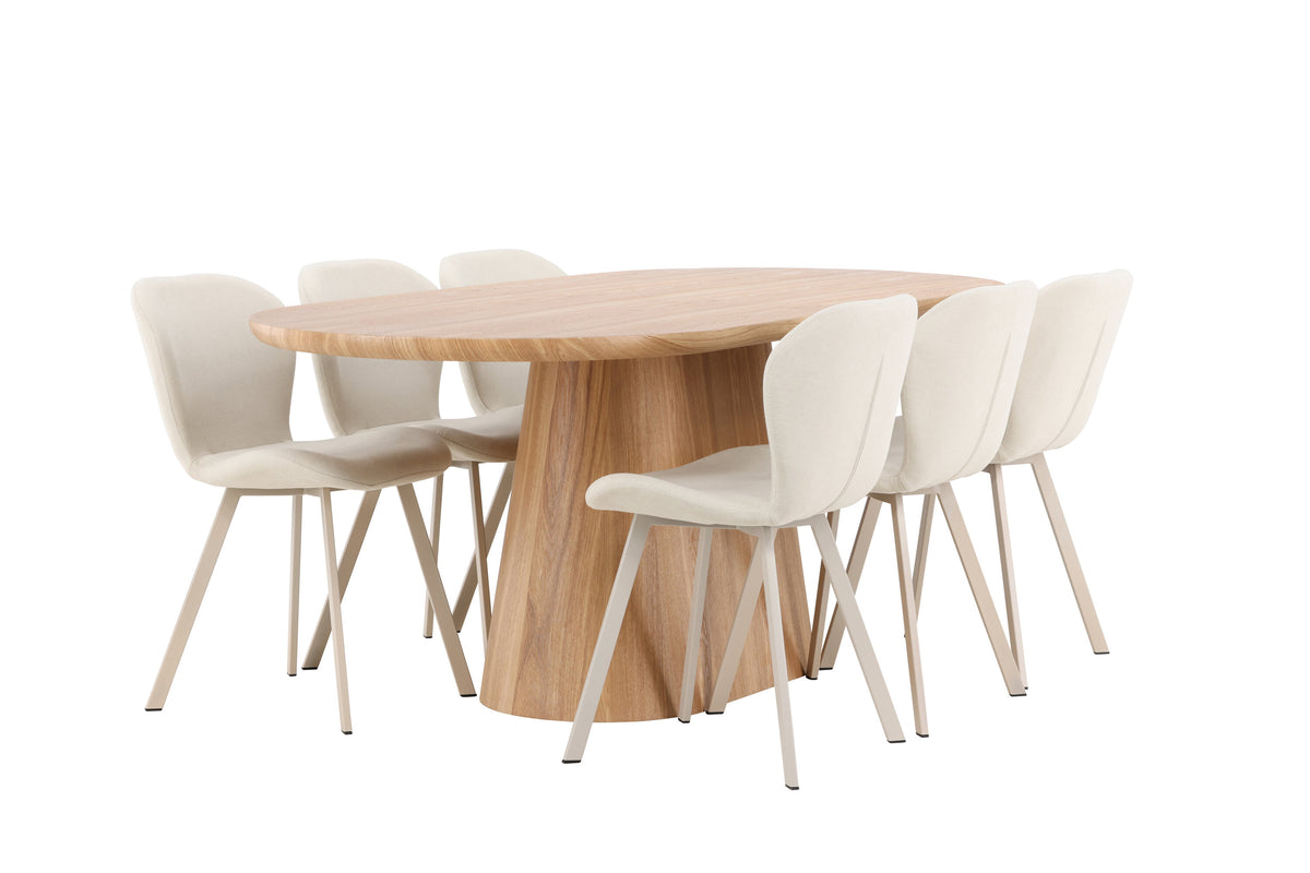 Stjärnö oval matgrupp med naturfärgat bord och 6 beige Lilja-stolar