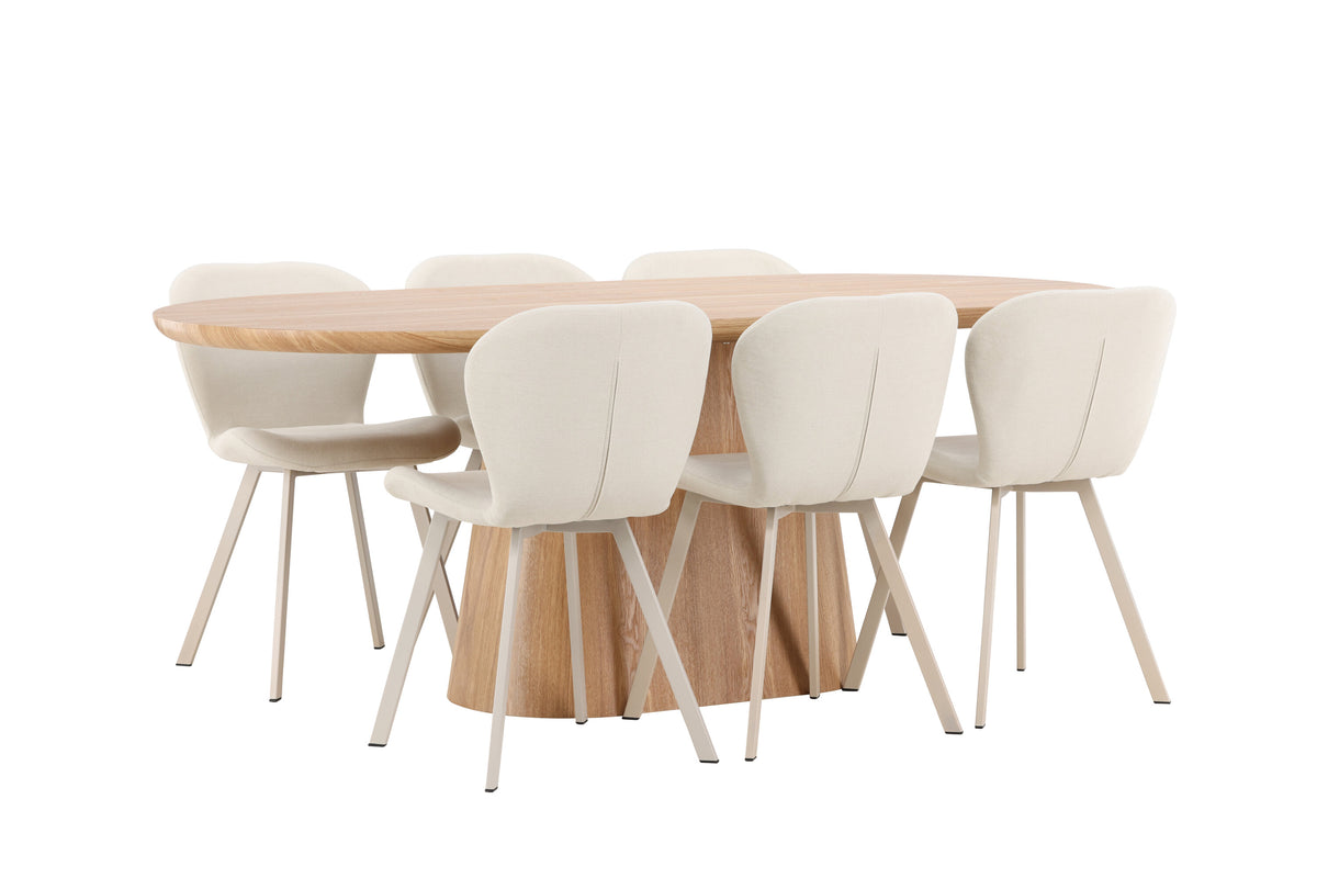 Stjärnö oval matgrupp med naturfärgat bord och 6 beige Lilja-stolar