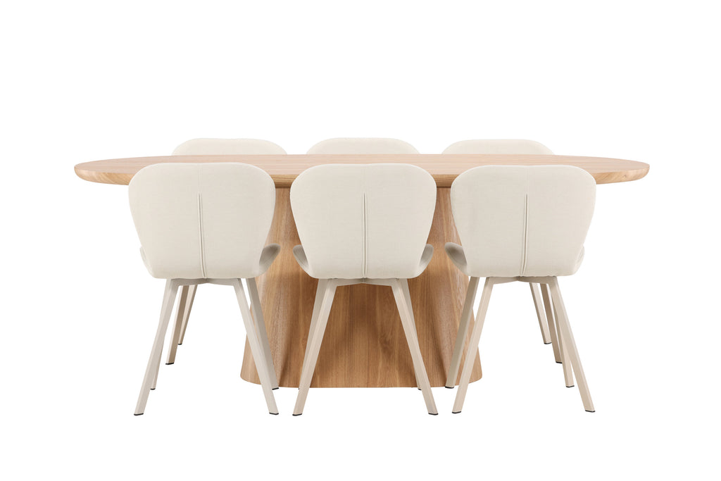 Stjärnö oval matgrupp med naturfärgat bord och 6 beige Lilja-stolar