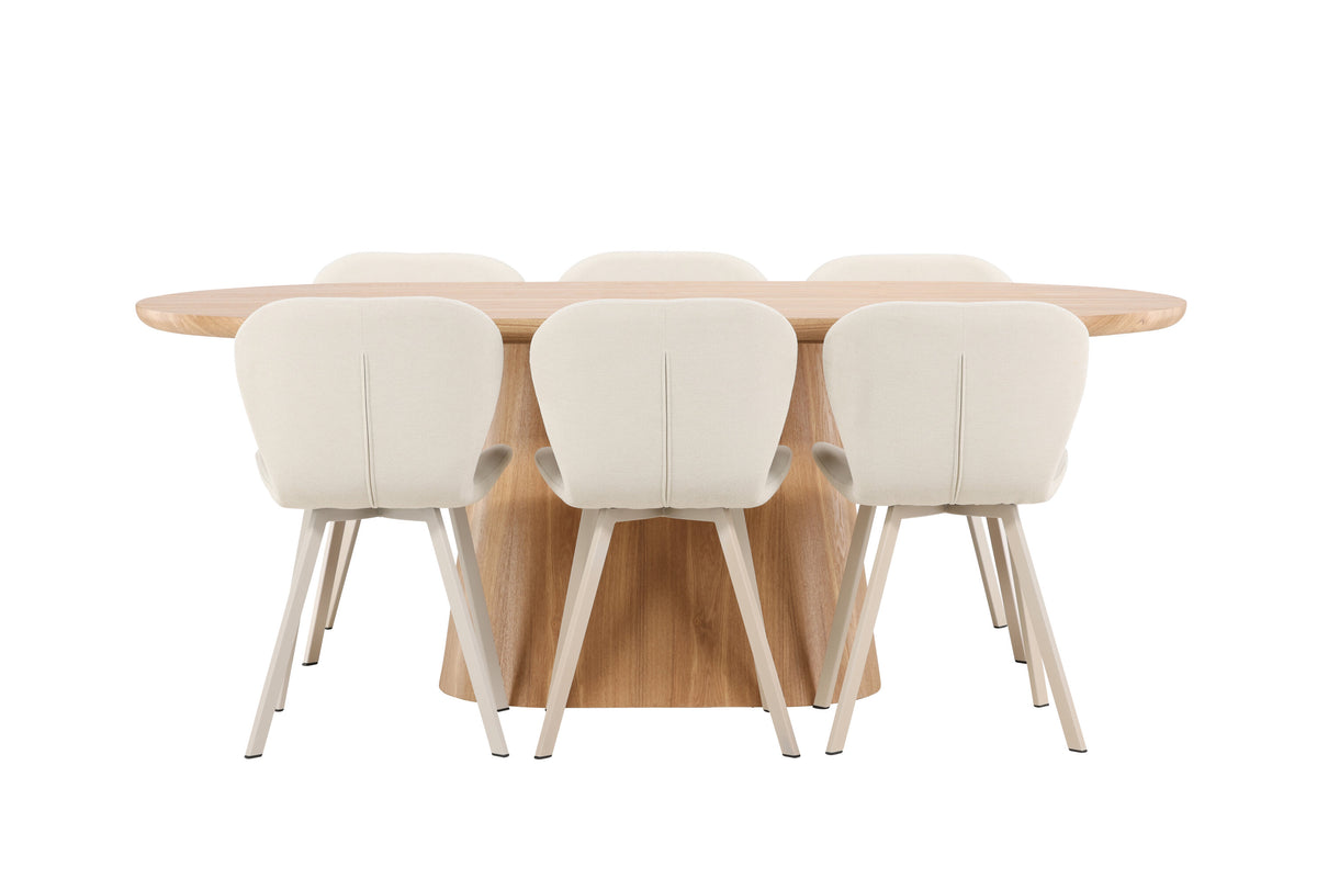 Stjärnö oval matgrupp med naturfärgat bord och 6 beige Lilja-stolar