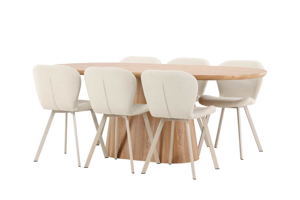 Stjärnö oval matgrupp med naturfärgat bord och 6 beige Lilja-stolar