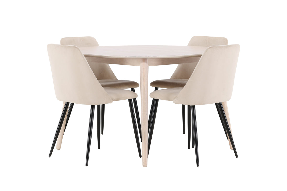 Flora rund matgrupp med vitlaserat bord och 4 Night-stolar i svart och beige