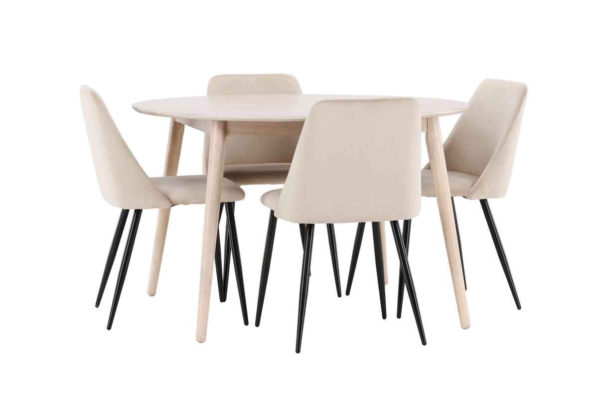 Flora rund matgrupp med vitlaserat bord och 4 Night-stolar i svart och beige