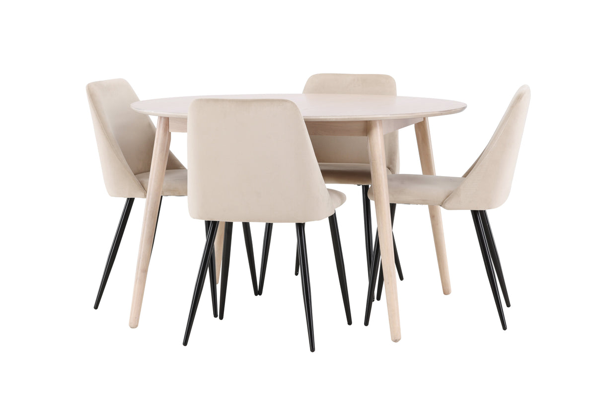 Flora rund matgrupp med vitlaserat bord och 4 Night-stolar i svart och beige