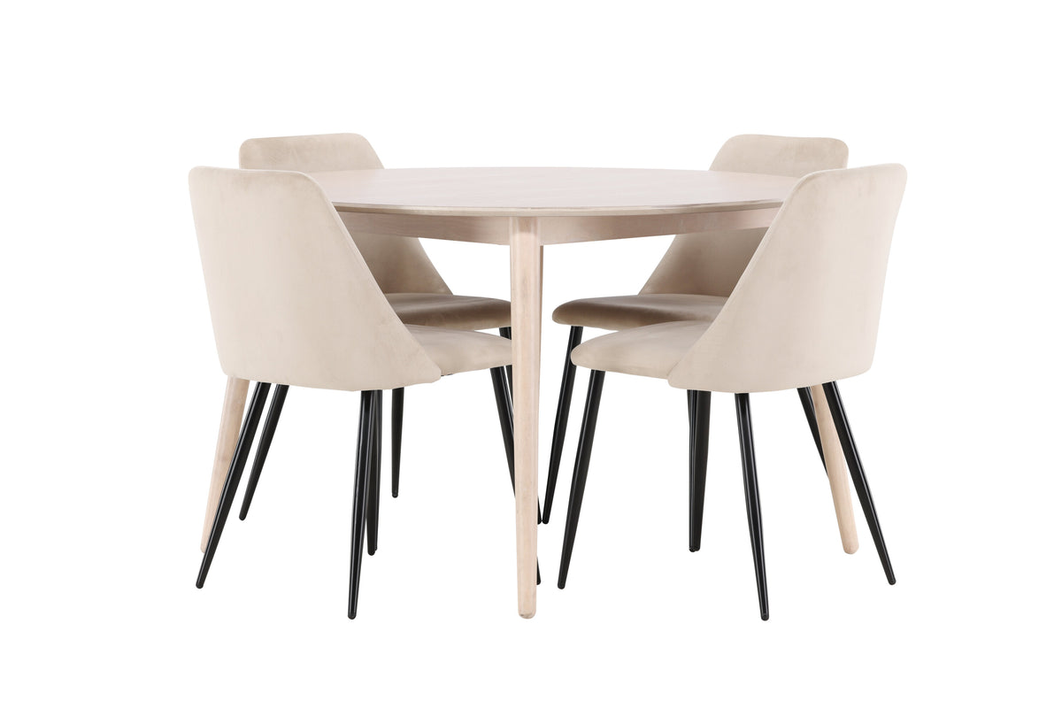 Flora rund matgrupp med vitlaserat bord och 4 Night-stolar i svart och beige