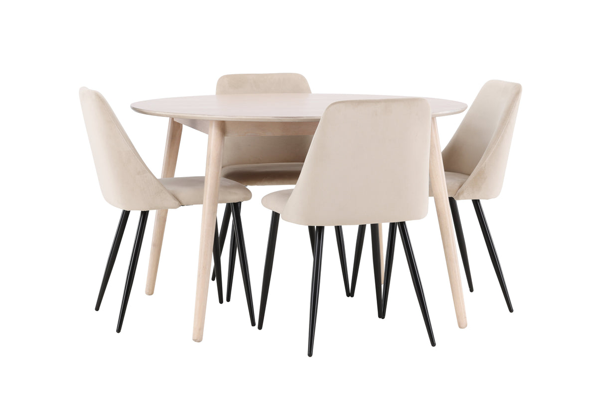 Flora rund matgrupp med vitlaserat bord och 4 Night-stolar i svart och beige