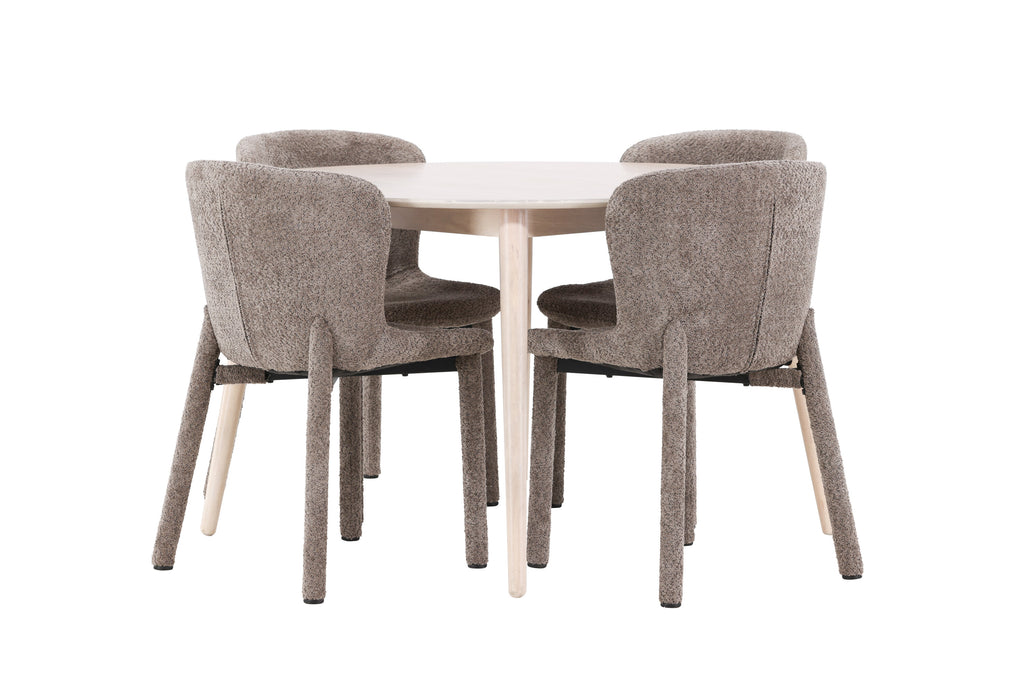 Flora matgrupp med 4 Astoria-stolar vitlaserad/brun