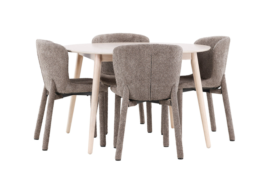 Flora matgrupp med 4 Astoria-stolar vitlaserad/brun