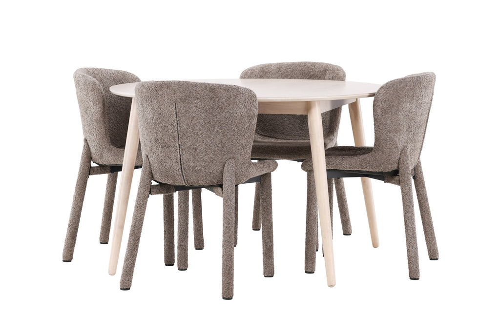 Flora matgrupp med 4 Astoria-stolar vitlaserad/brun