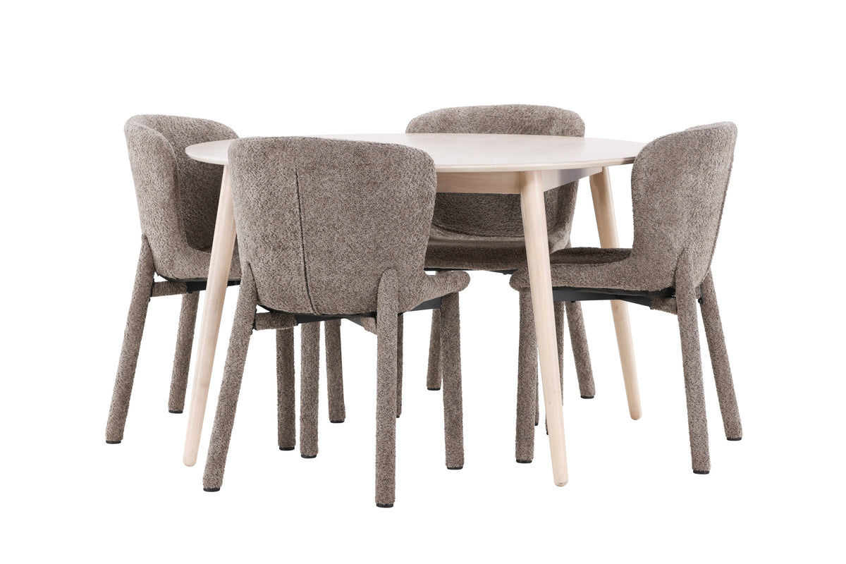 Flora matgrupp med 4 Astoria-stolar vitlaserad/brun