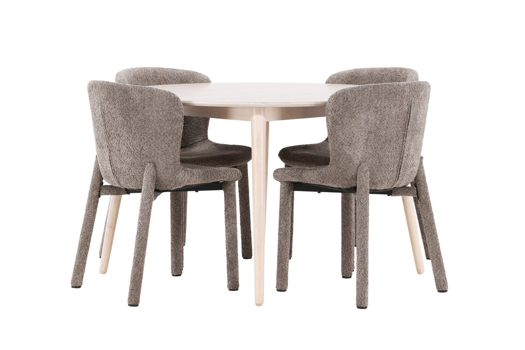 Flora matgrupp med 4 Astoria-stolar vitlaserad/brun