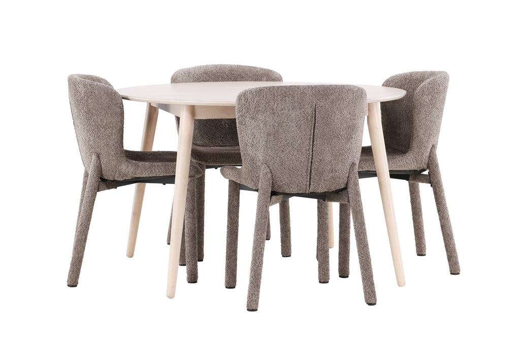Flora matgrupp med 4 Astoria-stolar vitlaserad/brun