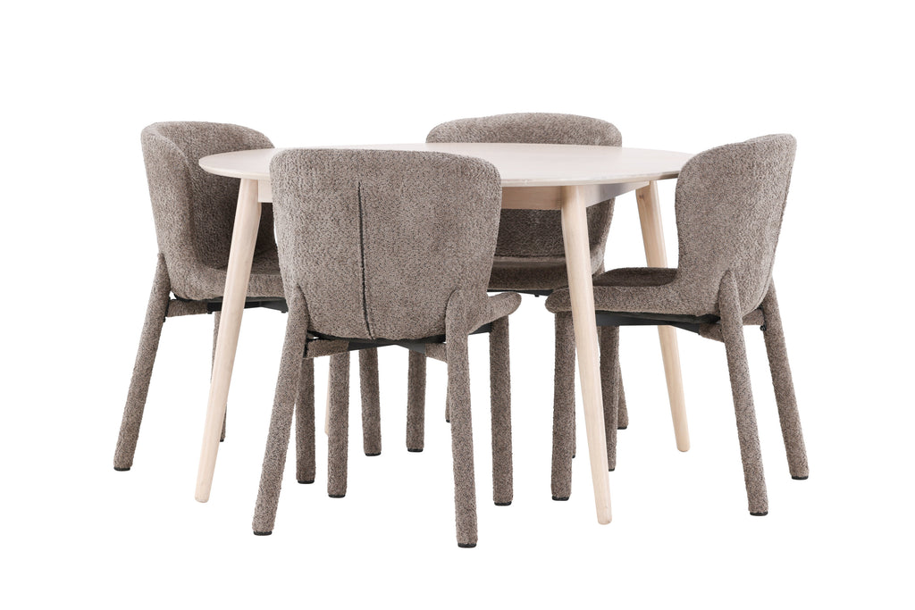 Flora matgrupp med 4 Astoria-stolar vitlaserad/brun