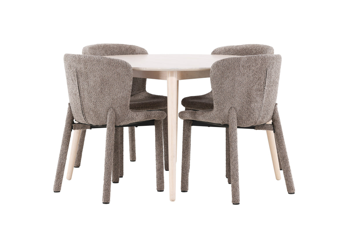 Flora matgrupp med 4 Astoria-stolar vitlaserad/brun
