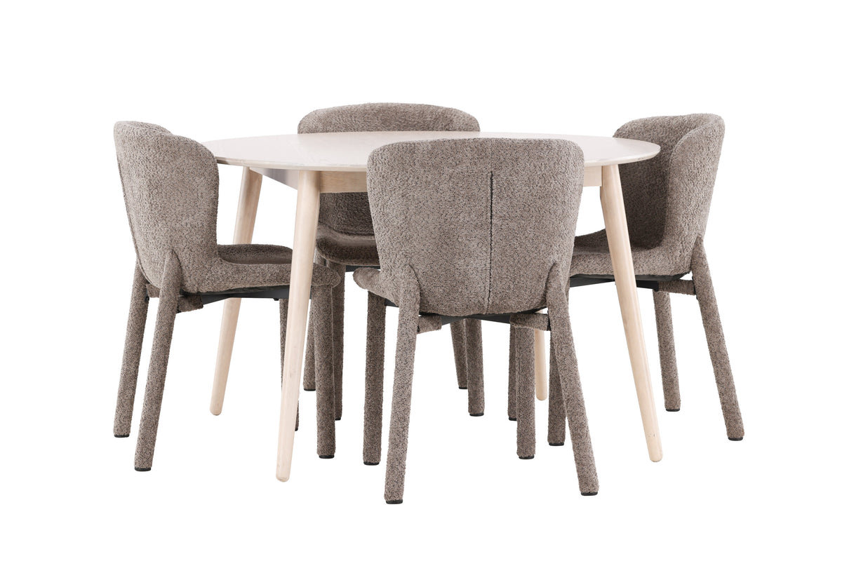 Flora matgrupp med 4 Astoria-stolar vitlaserad/brun