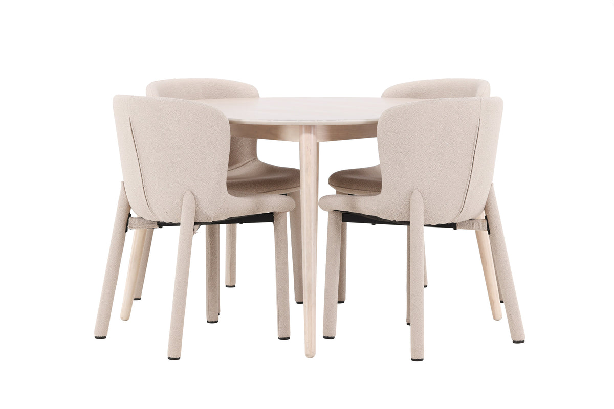 Flora matgrupp med vitlaserat bord och 4 beige Astoria-stolar