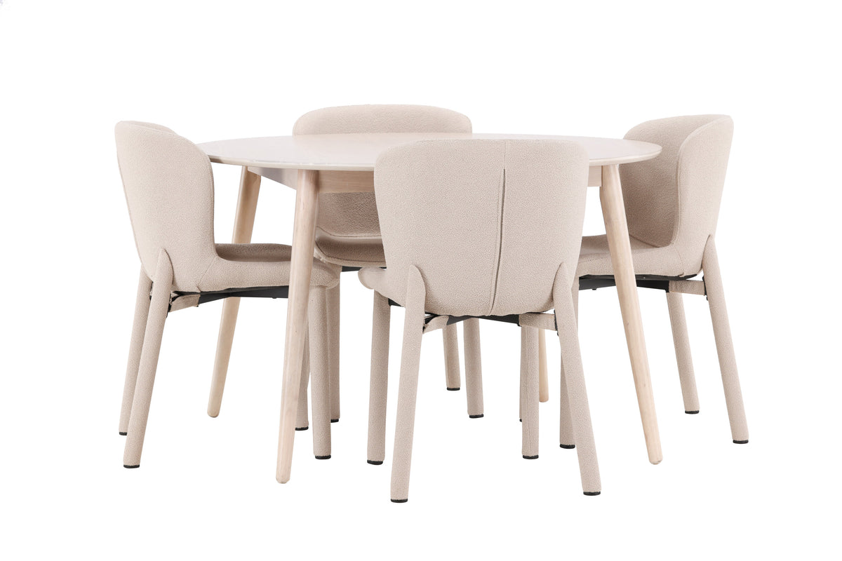 Flora matgrupp med vitlaserat bord och 4 beige Astoria-stolar
