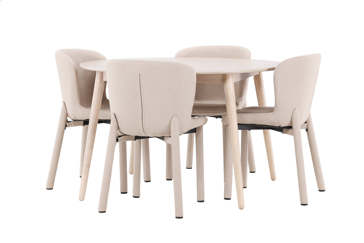 Flora matgrupp med vitlaserat bord och 4 beige Astoria-stolar