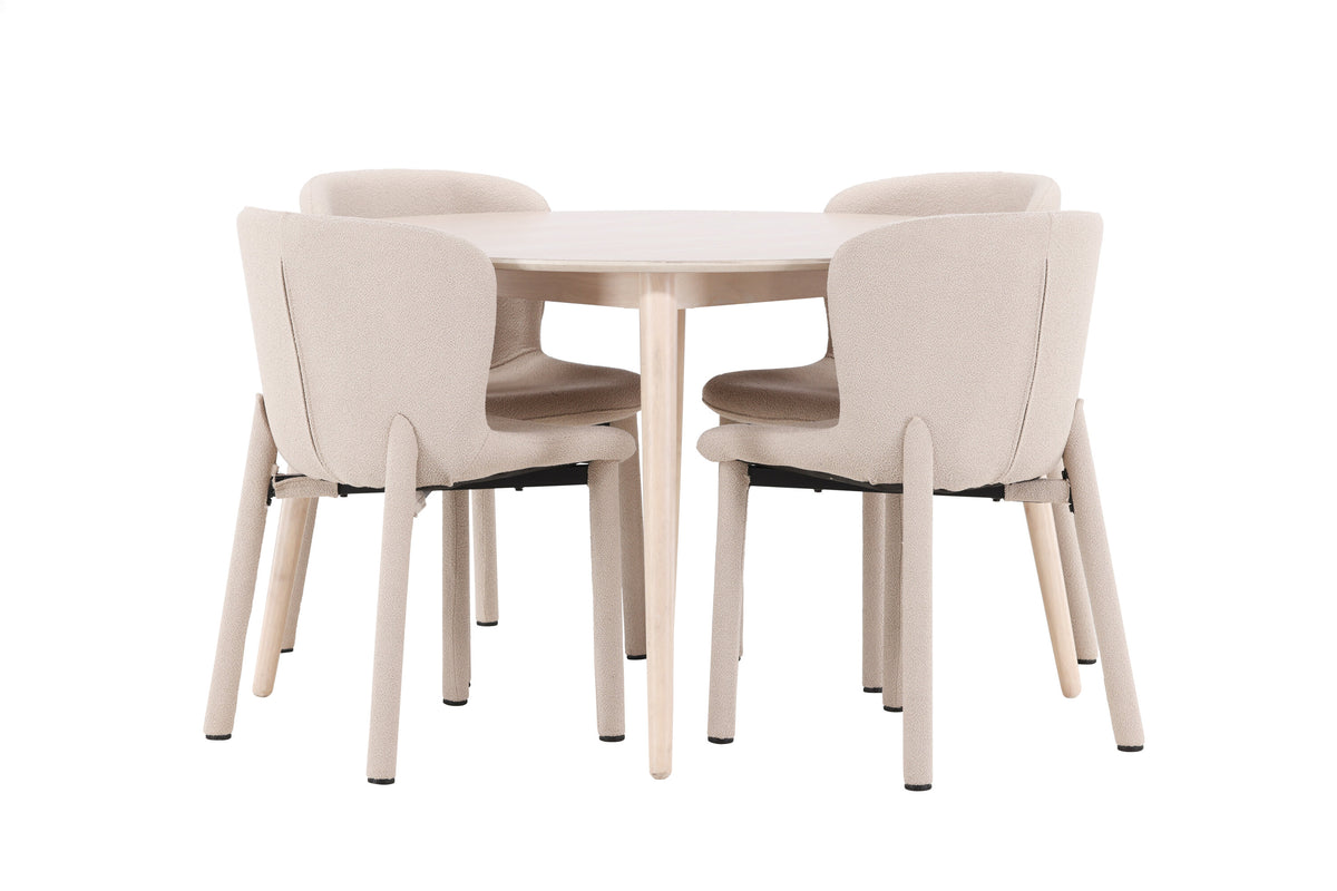 Flora matgrupp med vitlaserat bord och 4 beige Astoria-stolar