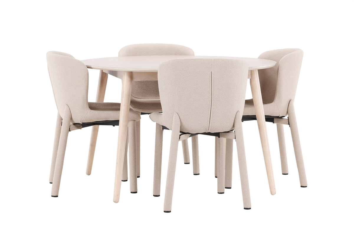 Flora matgrupp med vitlaserat bord och 4 beige Astoria-stolar