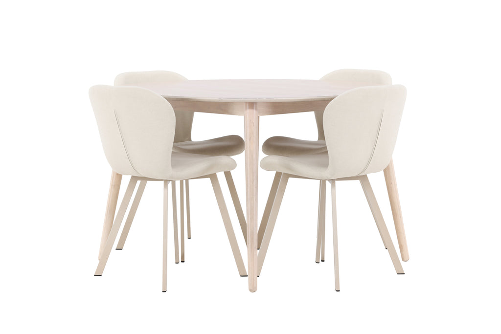 Flora matgrupp med vitlaserat bord och 4 beige Lilja-stolar