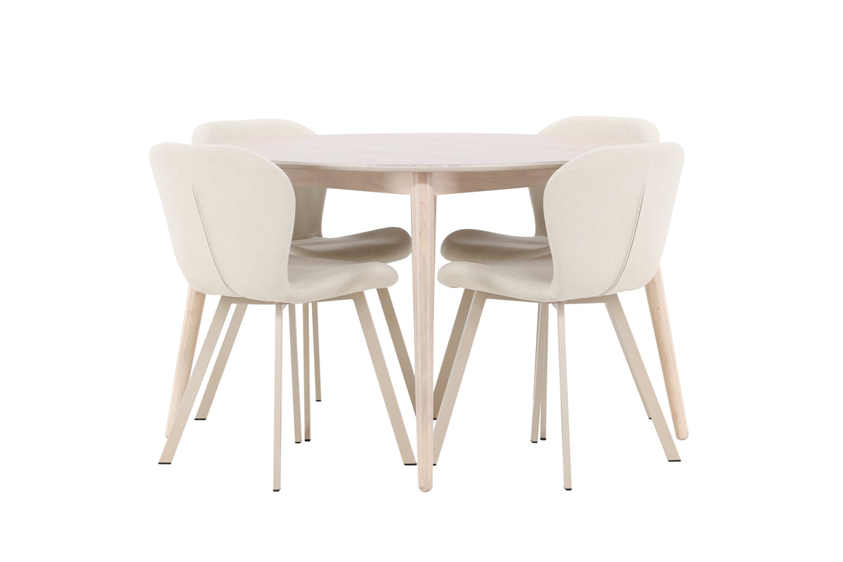 Flora matgrupp med vitlaserat bord och 4 beige Lilja-stolar