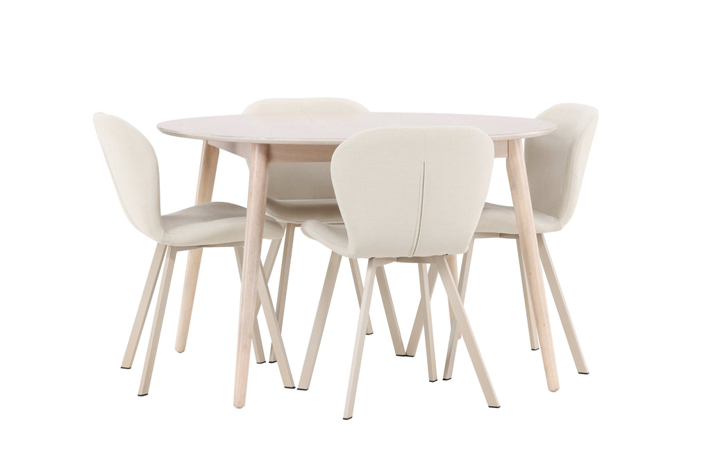 Flora matgrupp med vitlaserat bord och 4 beige Lilja-stolar
