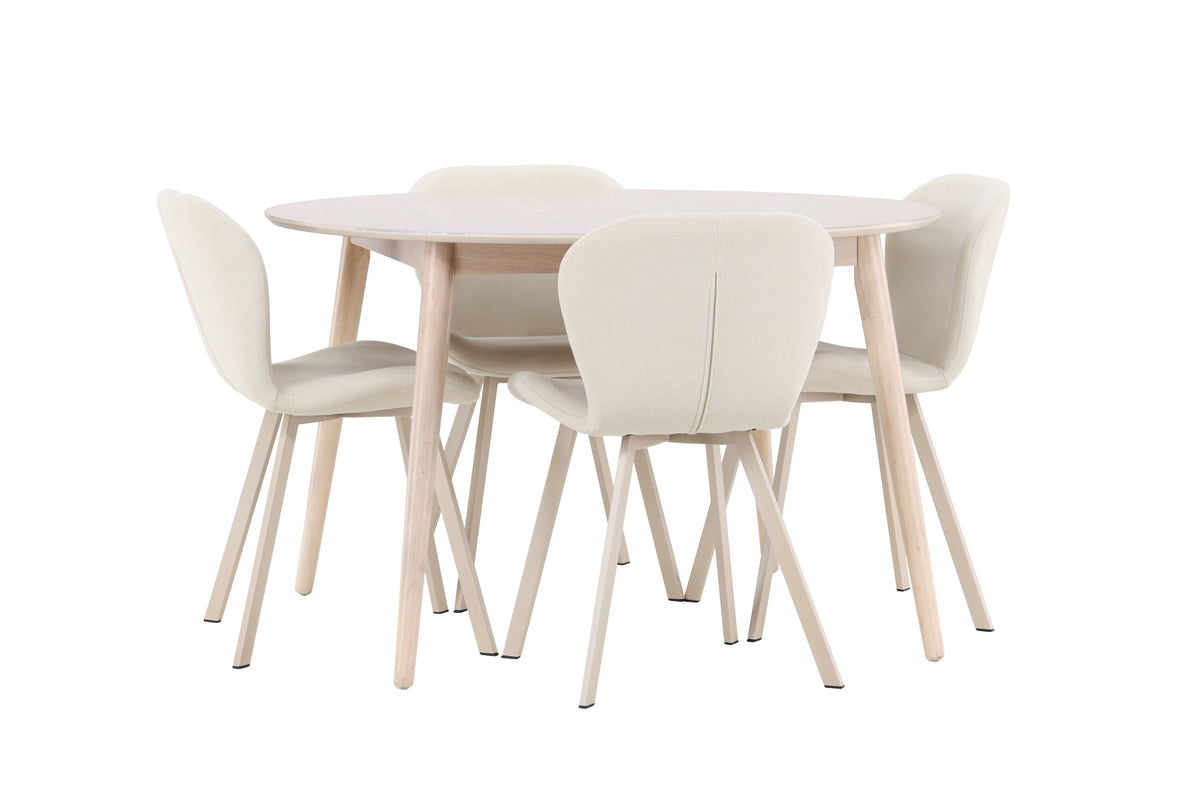Flora matgrupp med vitlaserat bord och 4 beige Lilja-stolar