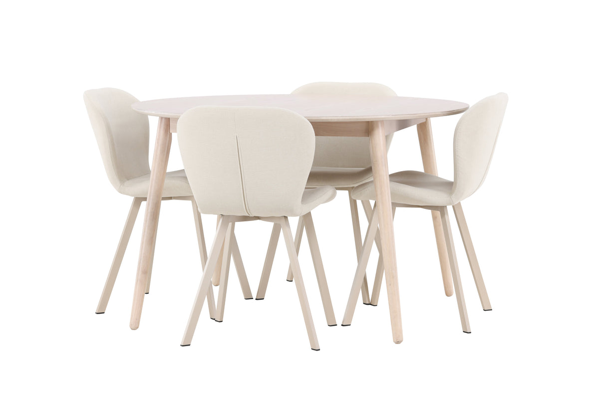 Flora matgrupp med vitlaserat bord och 4 beige Lilja-stolar