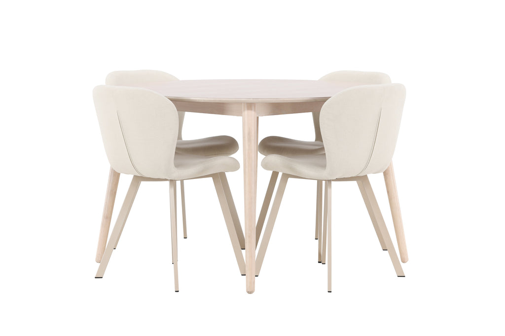 Flora matgrupp med vitlaserat bord och 4 beige Lilja-stolar