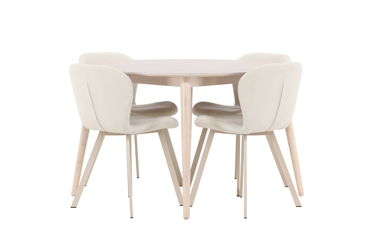 Flora matgrupp med vitlaserat bord och 4 beige Lilja-stolar