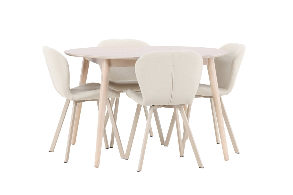 Flora matgrupp med vitlaserat bord och 4 beige Lilja-stolar