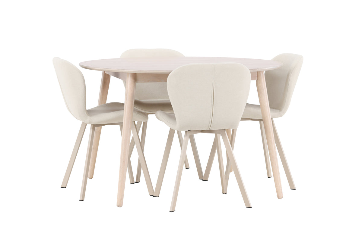 Flora matgrupp med vitlaserat bord och 4 beige Lilja-stolar