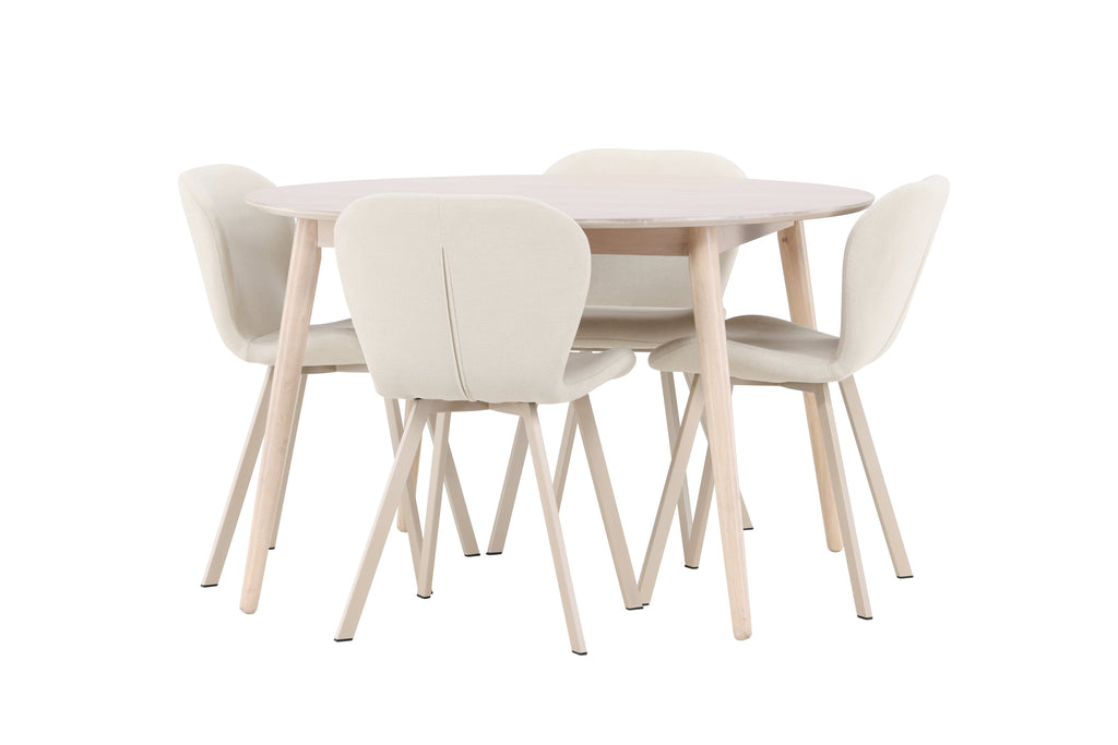 Flora matgrupp med vitlaserat bord och 4 beige Lilja-stolar