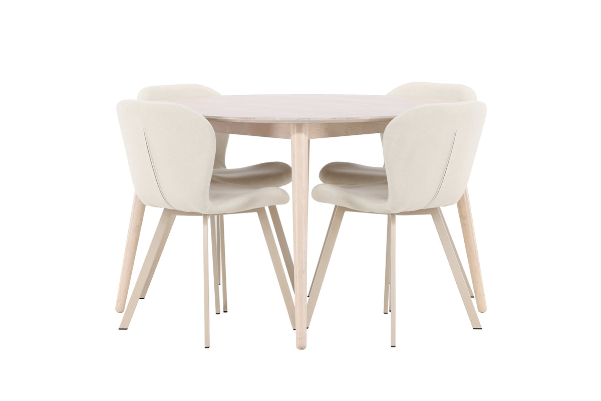 Flora matgrupp med vitlaserat bord och 4 beige Lilja-stolar