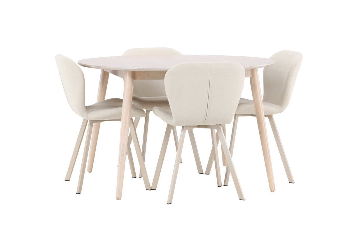 Flora matgrupp med vitlaserat bord och 4 beige Lilja-stolar
