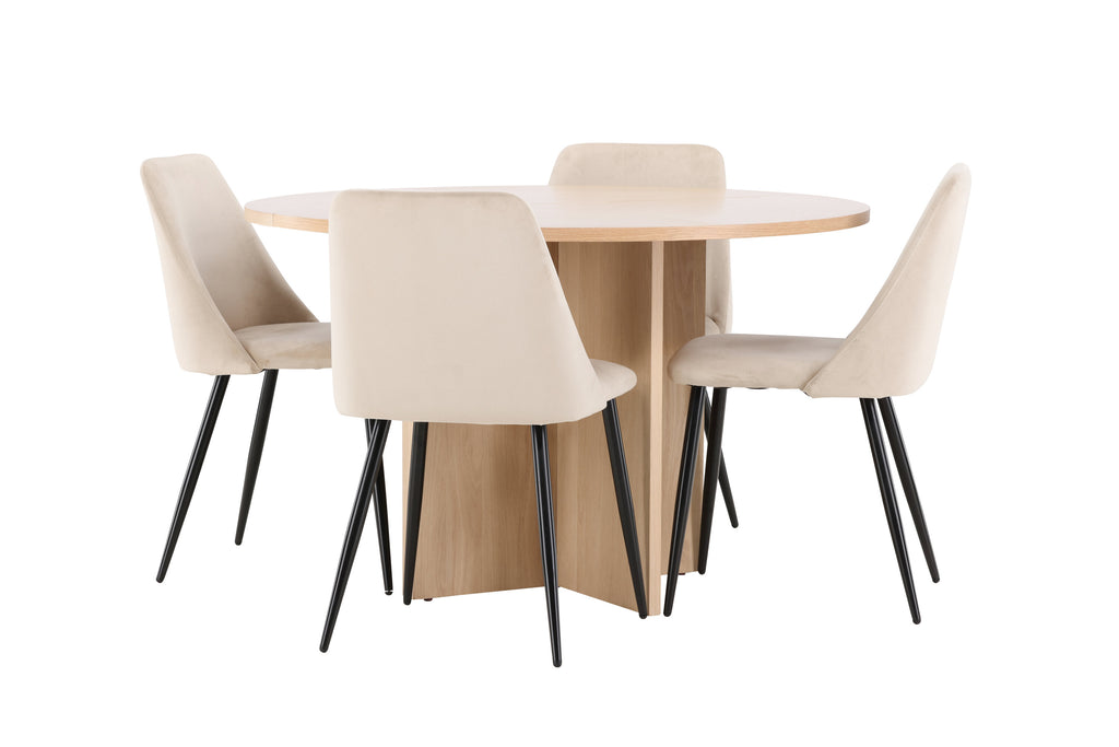 Strada matgrupp med vitlaserat bord och 4 Night-stolar i svart och beige