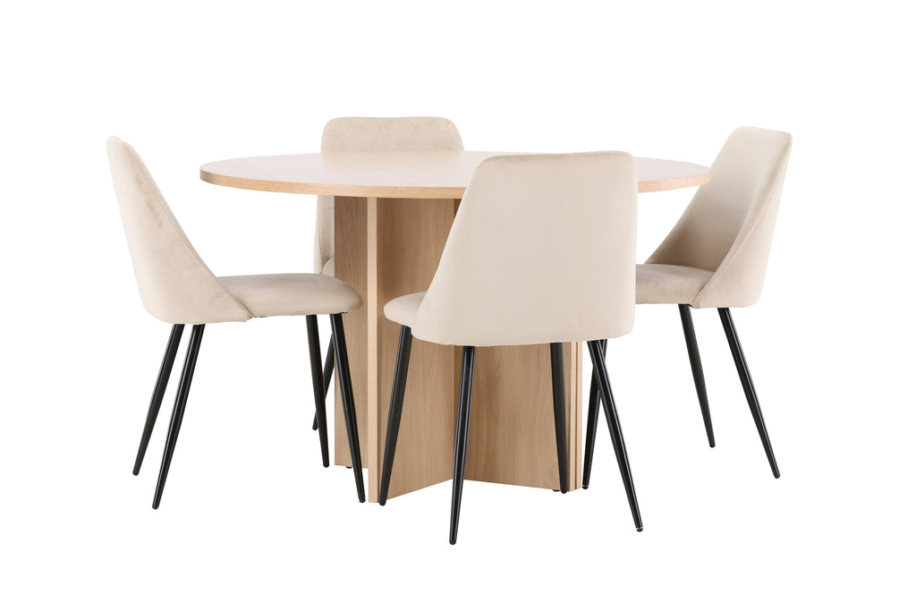 Strada matgrupp med vitlaserat bord och 4 Night-stolar i svart och beige