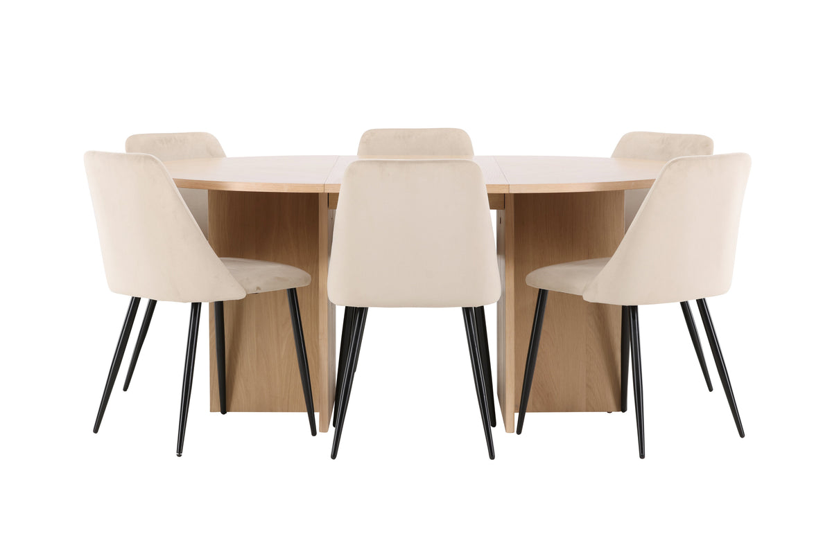 Strada matgrupp med vitlaserat bord och 6 Night-stolar i svart och beige