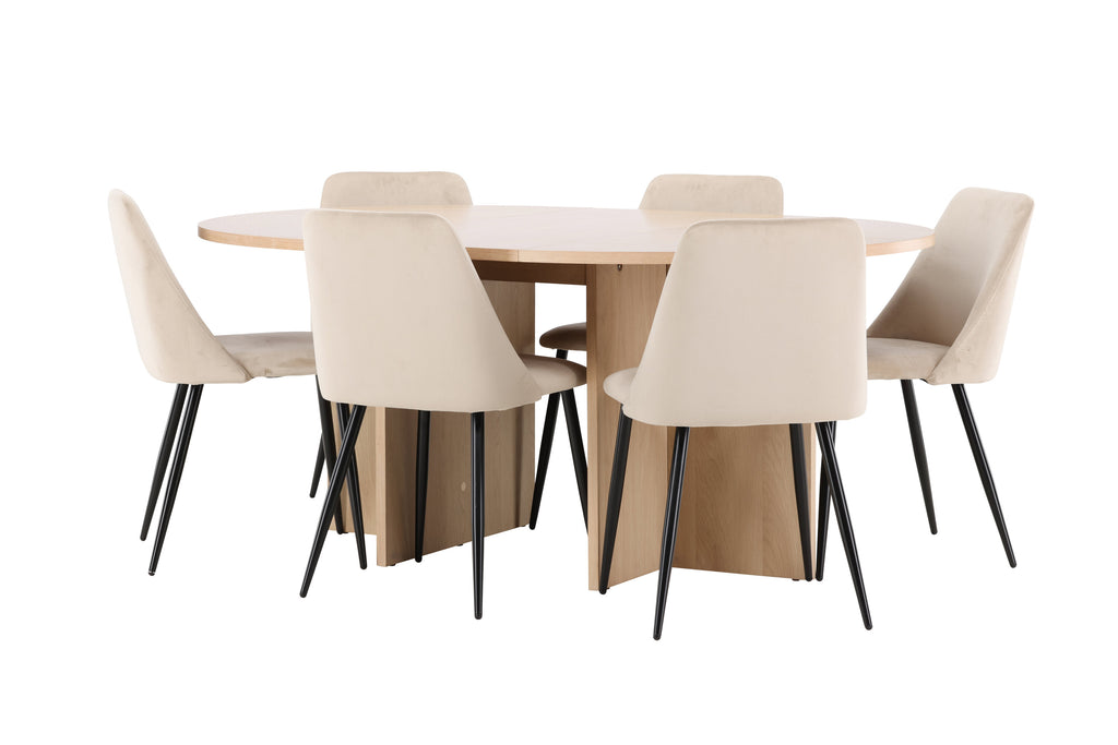 Strada matgrupp med vitlaserat bord och 6 Night-stolar i svart och beige