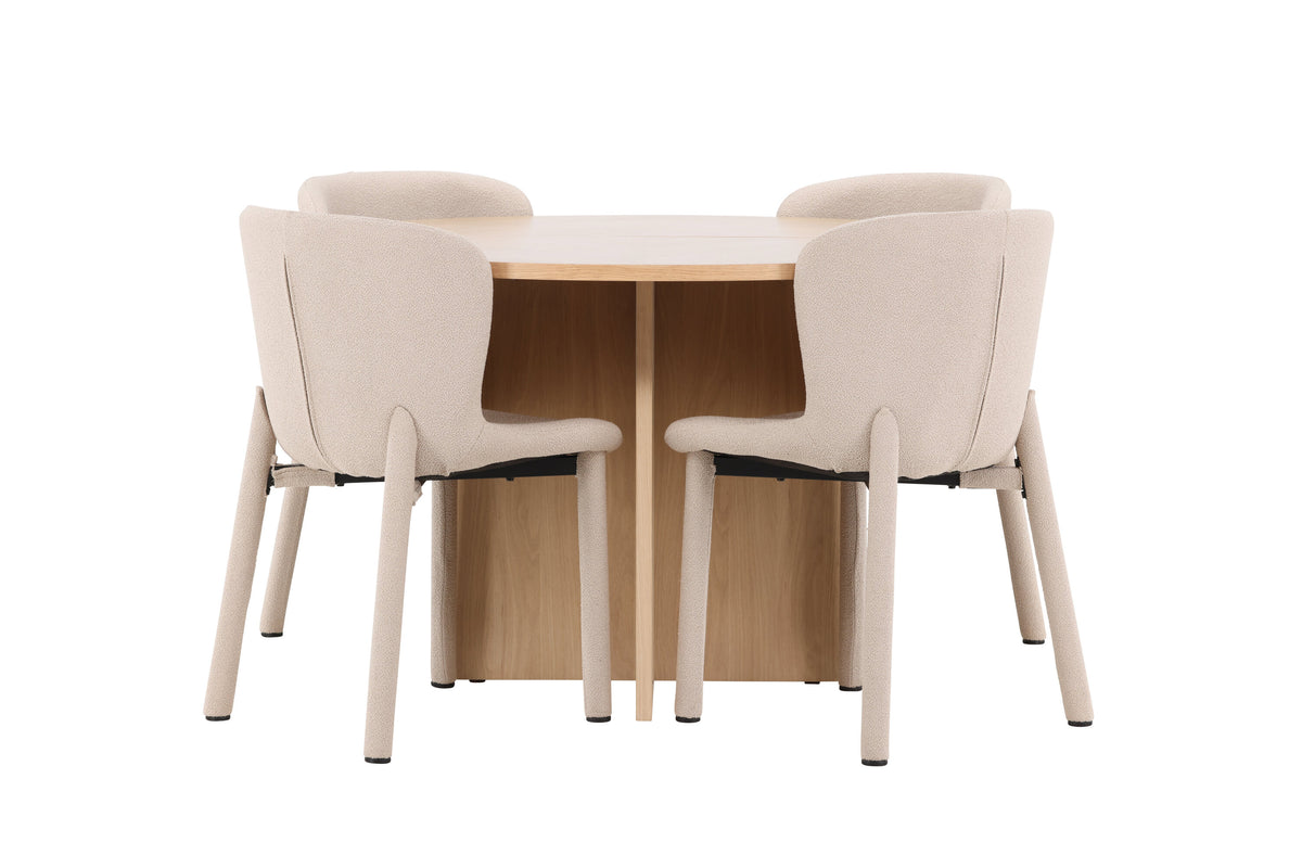 Strada matgrupp med 4 Astoria-stolar vitlaserad/beige