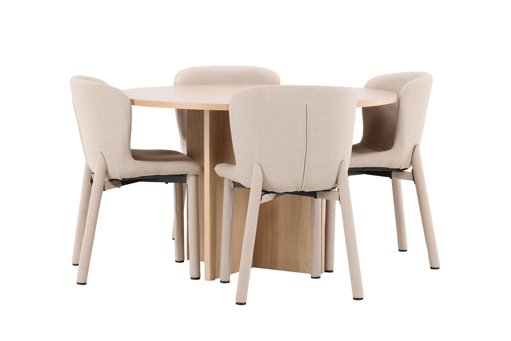 Strada matgrupp med 4 Astoria-stolar vitlaserad/beige
