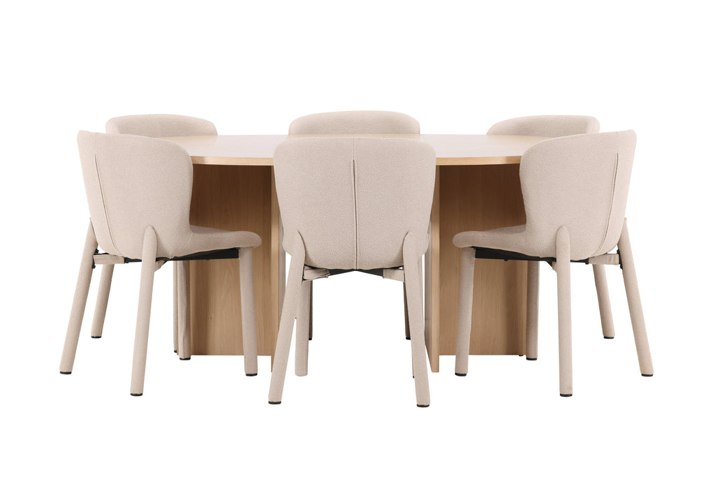 Strada matgrupp med 6 Astoria-stolar vitlaserad/beige