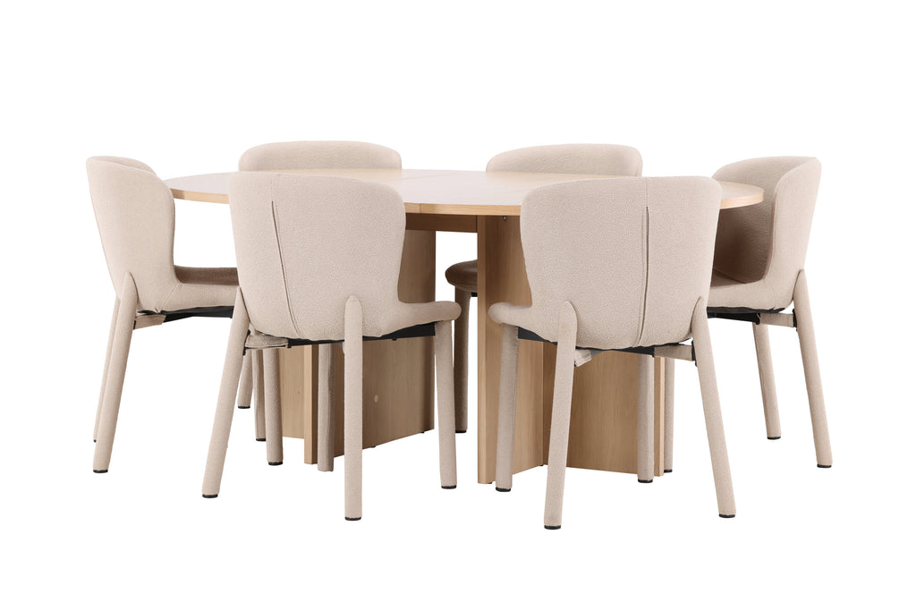 Strada matgrupp med 6 Astoria-stolar vitlaserad/beige