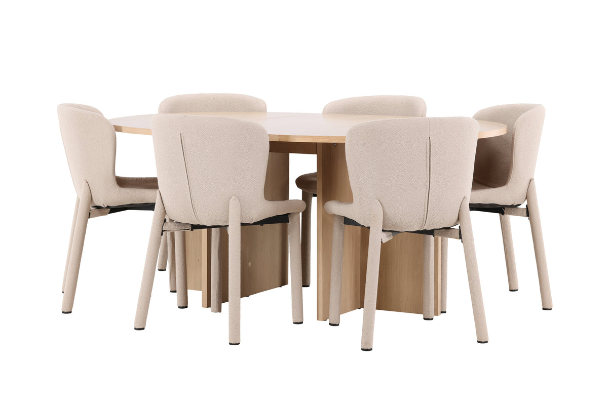 Strada matgrupp med 6 Astoria-stolar vitlaserad/beige