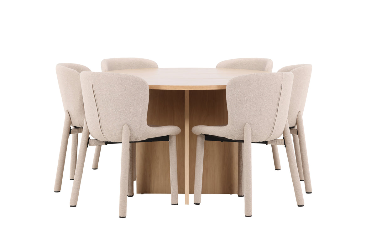 Strada matgrupp med 6 Astoria-stolar vitlaserad/beige
